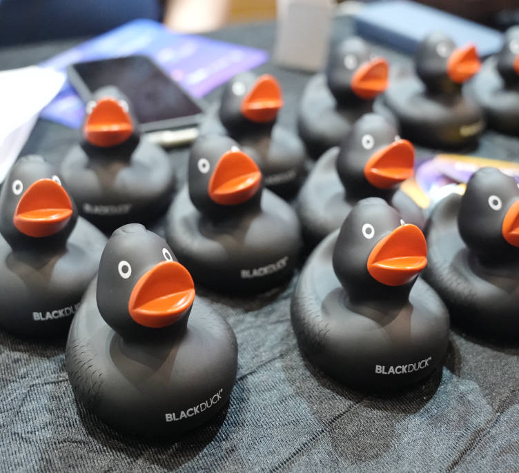 Black Duck's rubber ducks lined up in rows on a stand table